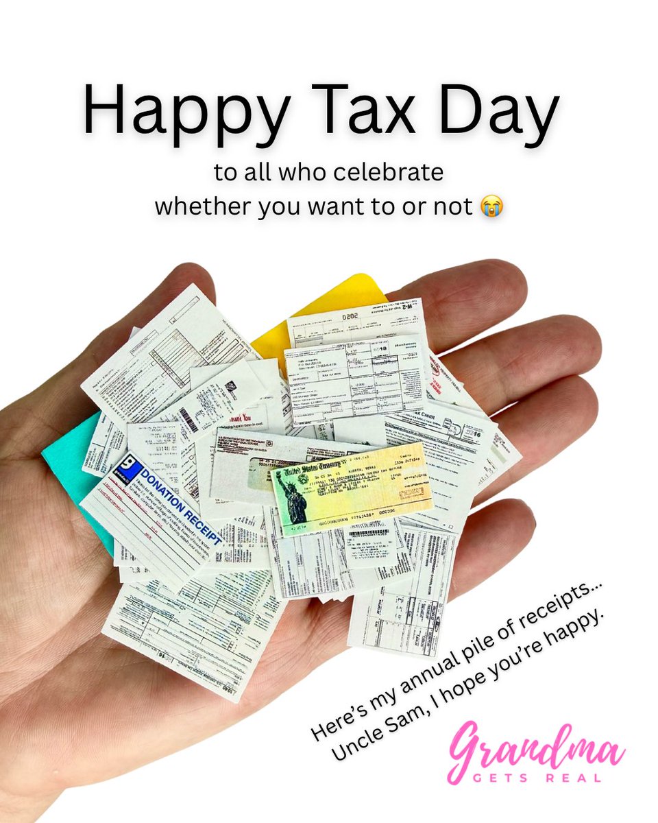 GrandmaGetsReal's tweet photo. It’s Tax Day, friends — whether you’re celebrating or crying into your receipts, we’re all in this together! 😂 May your refund be large and your audit be never. 🙏
#TaxDay #GrandmaGetsReal #taxfiling #TaxSeason #irsreporting https://t.co/0bH7z5Jyx5