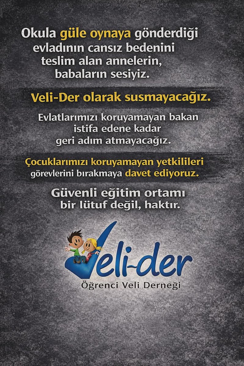 Veli_Der's tweet photo. Üzgünüz, Öfkeliyiz, Endişeliyiz!

14-15 Nisan’da iki okulda yaşanan saldırılarda 1 öğretmen ve 8 öğrenci hayatını kaybetti, 25 kişi yaralandı. Bu bir “münferit olay” değil, açık bir yönetim krizidir.

Yıllardır uyarıları yok sayan, eğitimi çürüten anlayış bu tablonun sorumlusudur.
Çocuklarımızı okullara korkuyla değil güvenle göndermek istiyoruz. Devletin görevi yaşam hakkını korumaktır.
Artık gerçeklerle yüzleşin:
Şiddet sistematik,
Eğitim politikaları iflas etmiş,
Sorumlular görevini yapmıyor.
“Münferit” diyerek gerçeği örtemezsiniz.
Yusuf Tekin derhal istifa etmelidir!
#YusufTekinİstifa #ÇocuklarİçinGüvenliOkullar