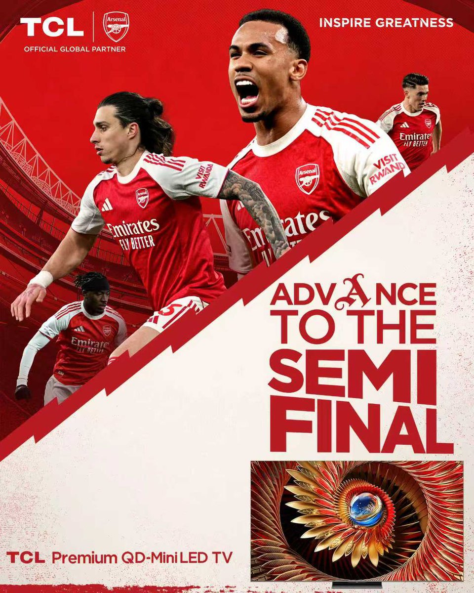 ghana_tcl's tweet image. One step closer to greatness. 🔥

Arsenal face Sporting in a clash where intensity peaks, passion ignites, and moments define everything. 💥⚽

See it all unfold on TCL QD-Mini LED TVs.

#TCLxArsenal #InspireGreatness #Matchday