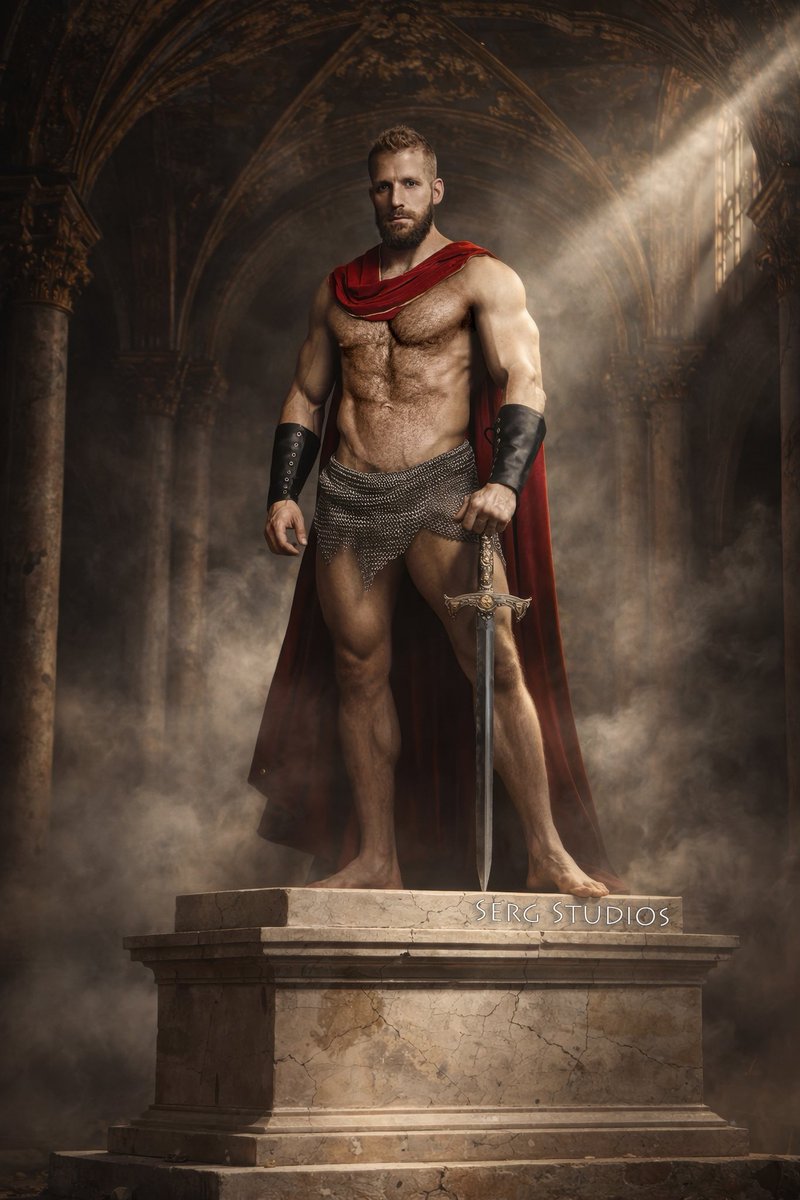 SergStudios's tweet photo. Yes he is real! It’s  @MorgxnThicke ! 🥰  New exclusive image plus BTS pic with accessories I custom made, and chain link sized to his waist size, sewed the gold thread edge to the red velvet fabric around his neck, and used real sword. Fog &amp; light beams created in Photoshop. https://t.co/qoHZug9Z44