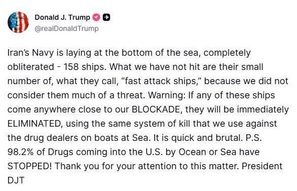 Original post by <a href="/realdonaldtrump/">Donald J. Trump</a> via Truth Social 4/13/26
#DonaldTrump #IranWar #USIranConflict #USATOONZ