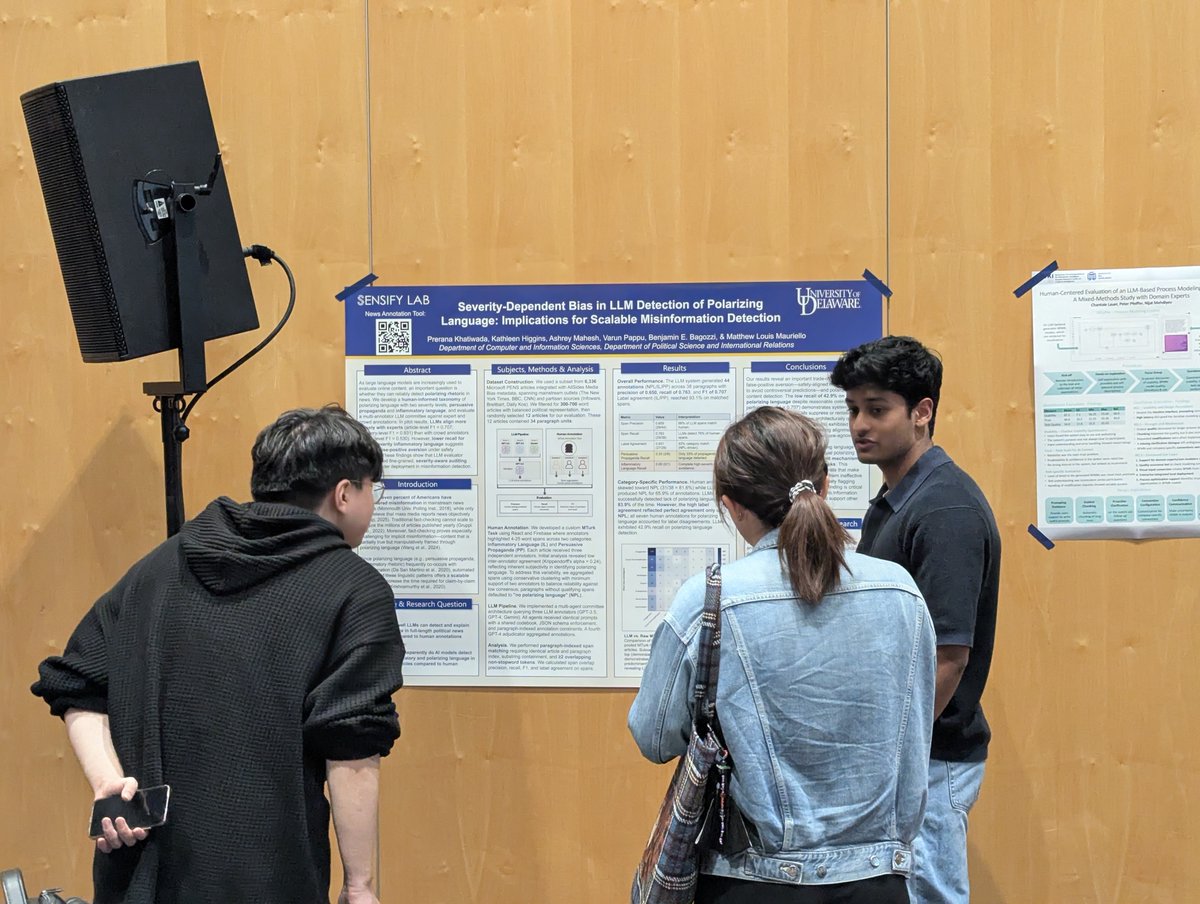 mattm401's tweet photo. At #CHI2026, Varun Pappu &amp; I represented @sensifylab at the HEAL workshop. We shared work comparing crowdsourced vs. LLM-generated annotations of propagandistic text, alongside great discussions on LLMs, agents &amp; users. Thanks to the organizers—excited for what’s next @#CHI2027🤞 https://t.co/dr2mlwFK26