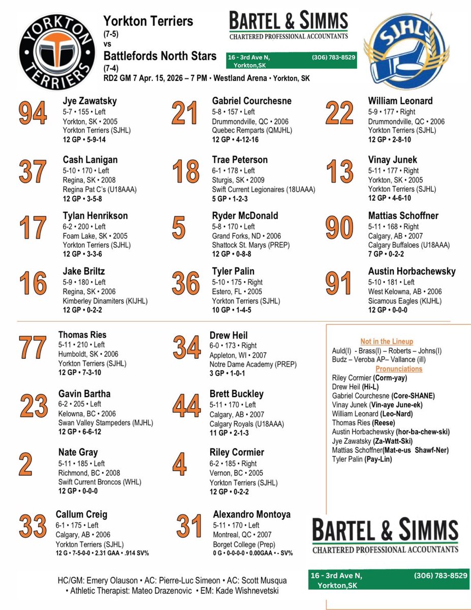 SJHLTerriers's tweet image. GAME 7 
Here is Tonight’s Bartel and Simms lineup

#yorktonterriers
#playoffs
#gameday
#SJHL