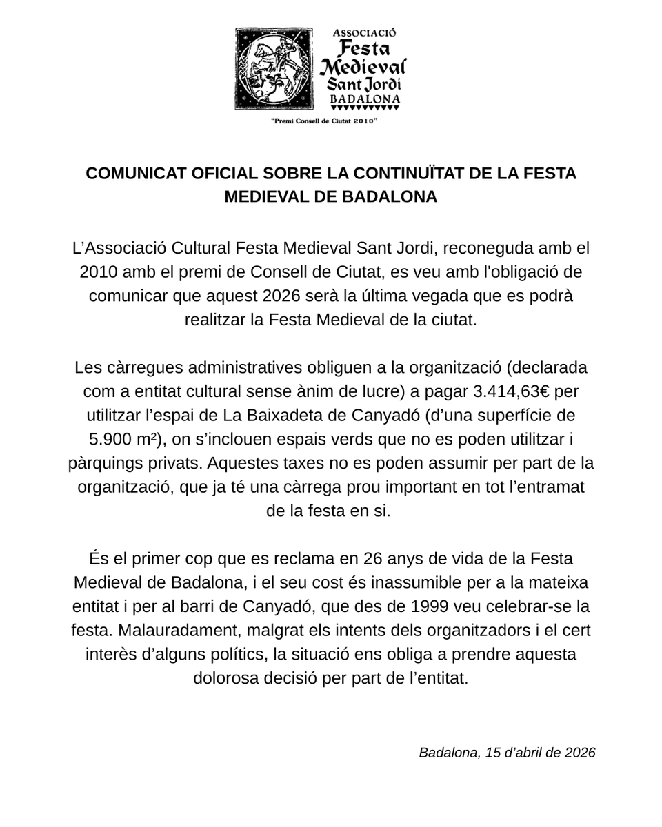 🛑Comunicat oficial sobre la continuïtat de la Festa Medieval de Badalona🛑