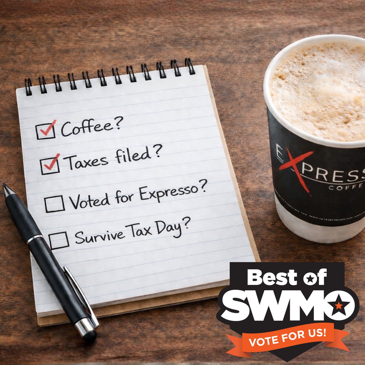 ExpressoBranson's tweet photo. Coffee? ✔️
Taxes filed? 😅
Voted for Expresso? 🤔

Procrastinated too long and now you’re in crunch time?
Don’t worry, we’re here til 5 with all the fuel you need ☕💪

#ExpressoBranson #TaxDay #BlessedAndHighlyCaffeinated

PS: don’t forget to vote! https://t.co/mIl9svYa4v https://t.co/yXGXLHyWEG