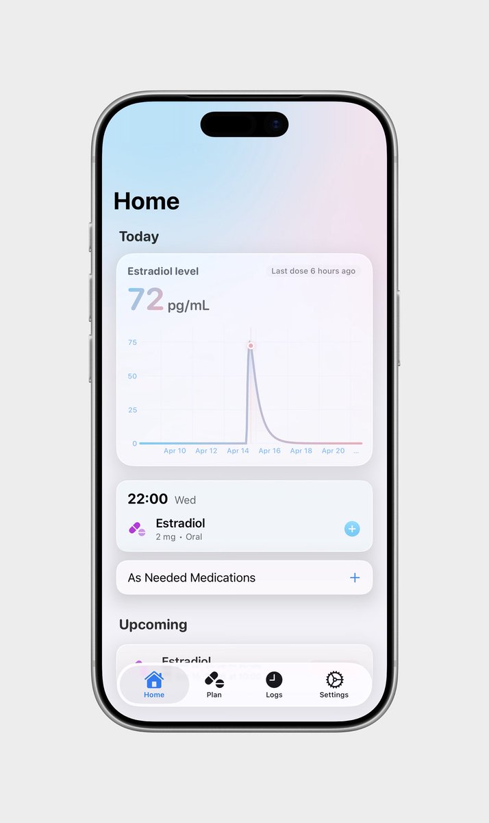 给各位推荐一下这个同类做的 HRT 药物剂量追踪 App，界面非常清爽且完全按照 Liquid Glass 设计，还可以和苹果健康互通数据，欢迎各位在 Testflight 下载体验
testflight.apple.com/join/SPGZysjK