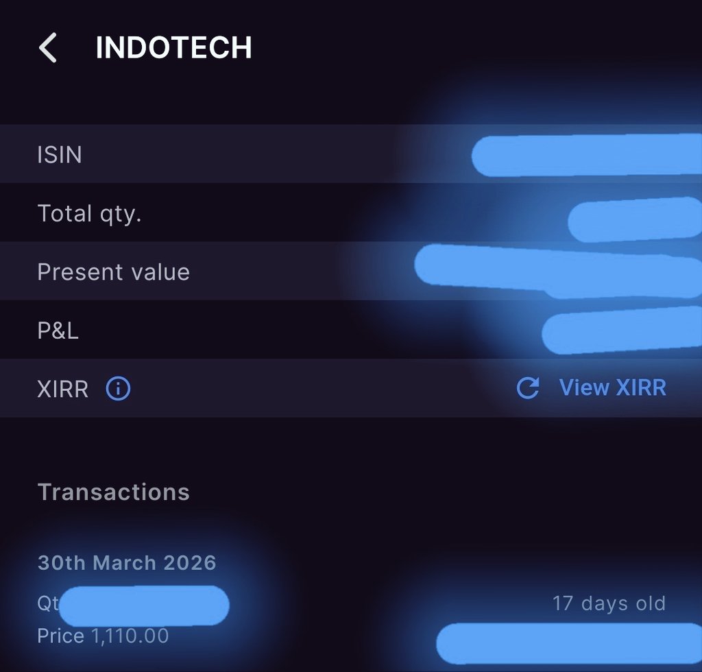 SharePurana's tweet photo. Another Story of Conviction 📘🔥 (BOUGHT at 52W Low)
INDOTECH TRANSFORMER LTD
Journey from 1100 to cmp 1721 🔥 🔥
This story begins in March 2026 when fear was at its peak.
Markets were reacting to US-Iran war headlines like everything was about to collapse.
Panic everywhere.
Narratives screaming “sell everything”.
But I’ve learned one thing-
when fear becomes loud, reality becomes quiet.
I was tracking this company since late 2025, but allocation was small.
Not due to lack of interest but because my study wasn’t complete.
So I kept working. Studying. Understanding.
And then came the moment.
📉 52-week low: ~₹1100
That’s where I stepped in.
Not once - but across portfolios of people close to me. (Also shared my 13 companies portfolio via my new closed #group)
Company: #Indotech Transformer Ltd.
No noise. No excitement.
Just conviction built on study.
And today?
⚡️ Stock hits 20% UC
📈 Trades around ₹1721
From fear → to clarity → to execution.
That’s the journey.
While timelines were losing followers and chasing engagement.
I was busy doing one thing - my work.
I don’t post for likes.
I post to share what I learn.
And if even a few people benefit from that, it’s worth it.
📌 One message I’ll always repeat:
Never invest on borrowed conviction.
Build your own because only that will help you hold in chaos.
⚠️ Disclaimer: Not a buy/sell recommendation. Sharing my personal experience and study. Please consult your financial advisor.
#INDOTECH #TRANSFORMER
