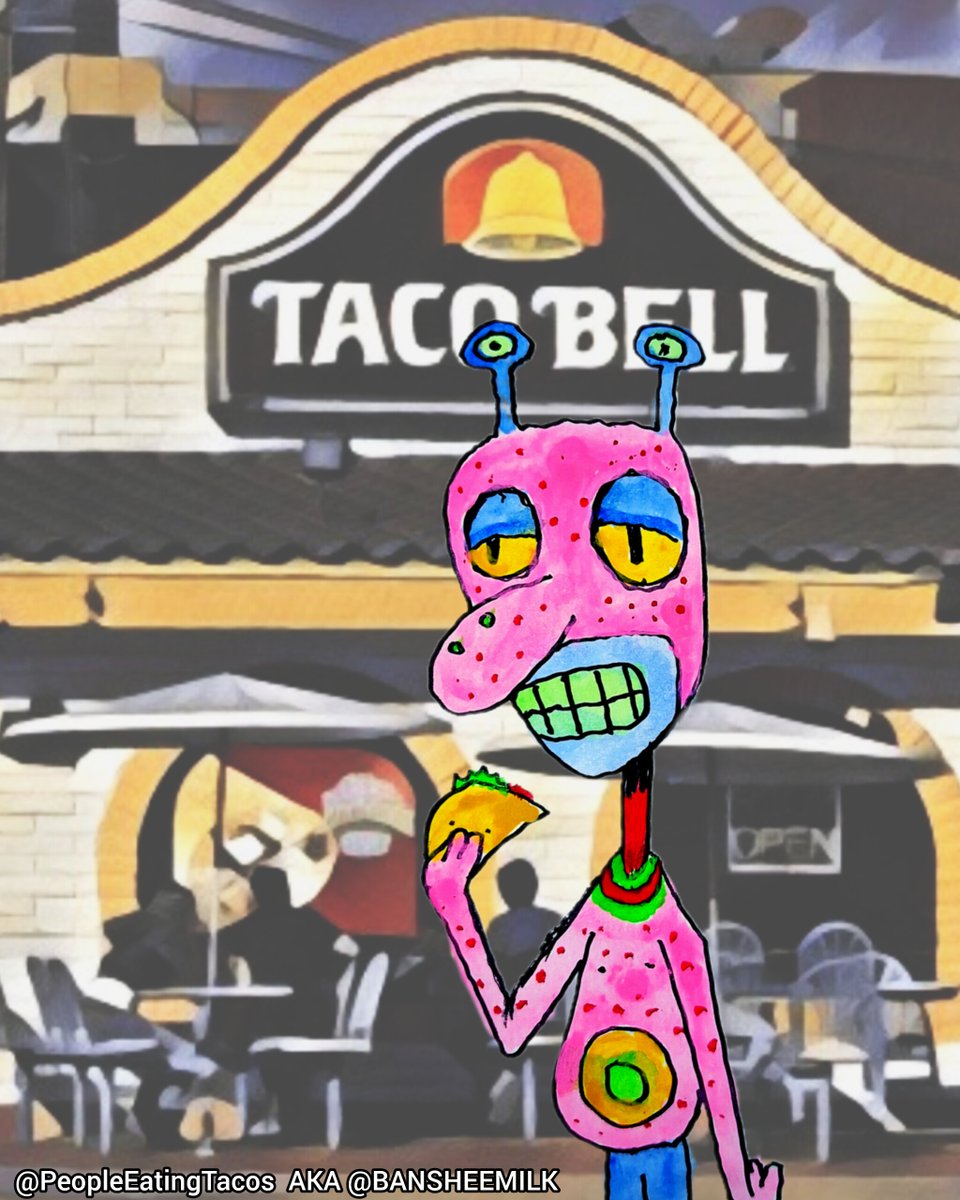 BansheeMilk's tweet photo. @tacobell I drew a funky little alien enjoying his #TacoBell #fanart https://t.co/kuHhwhCsR5