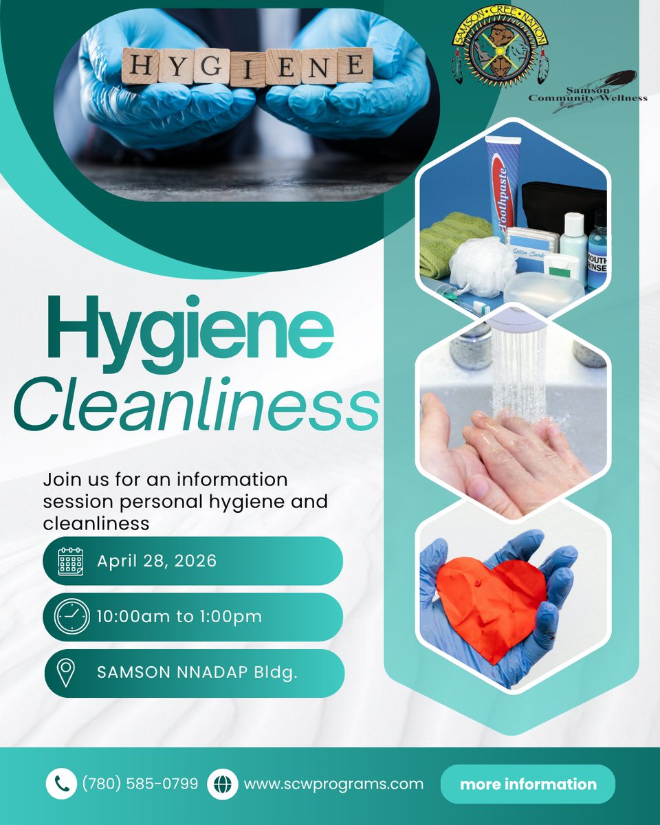 SamsonCree's tweet image. 🧼 Hygiene &amp;amp; Cleanliness Session ✨

Join NNADAP &amp;amp; Samson Community Wellness to learn:
• Personal hygiene tips
• Healthy routines
• Clean living for wellness
📅 Apr 28
⏰ 10AM–1PM
📍 NNADAP Building
📞 780-585-0799
#SamsonCreeNation #HealthyHabits #Wellness