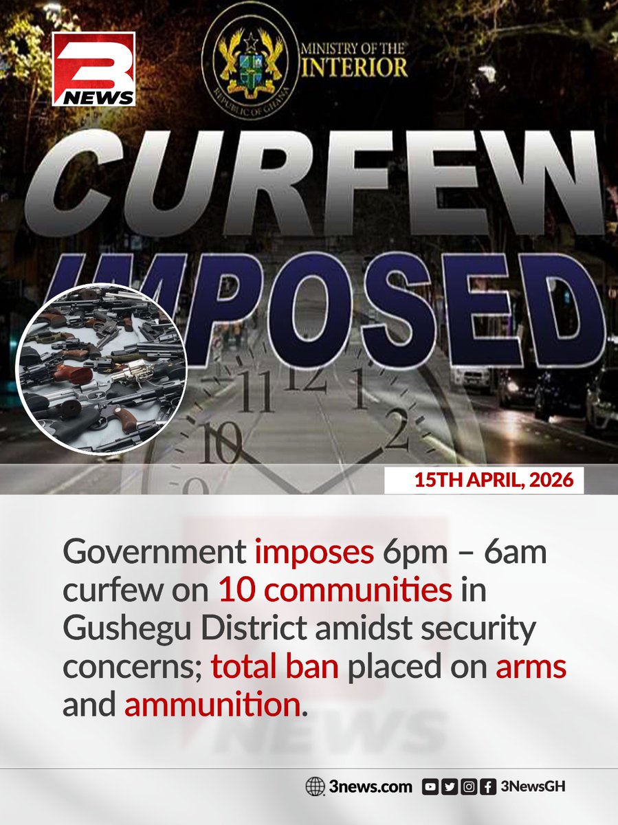 The Minister for the Interior, Muntaka Mubarak Mohammed, has imposed a dusk to dawn curfew on the Gushegu District of the Northern Region.

#3NewsGH #TV3GH