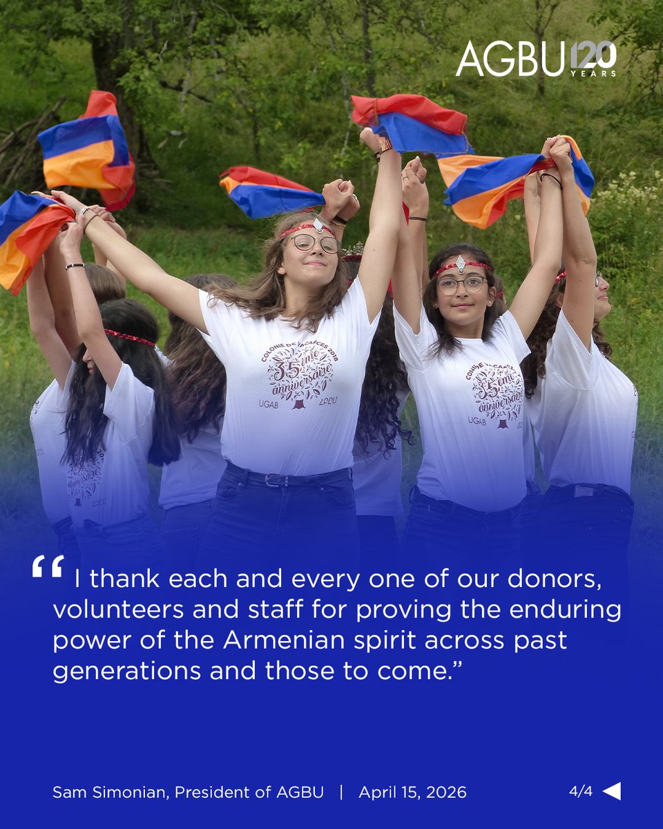 agbu's tweet photo. Today marks the 120th anniversary of AGBU.
To read President Sam Simonian's full statement about this special milestone and our ongoing commitment to the Armenian people worldwide, visit: https://t.co/wG2WP9caln
#inunityisstrength #armenia #AGBU https://t.co/DZjsYvJQLS