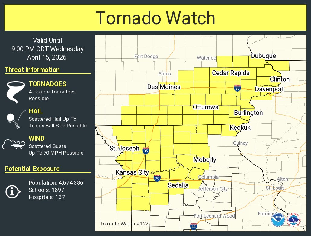 A tornado watch has been issued for parts of Illinois, Iowa, Kansas and Missouri until 9 PM CDT