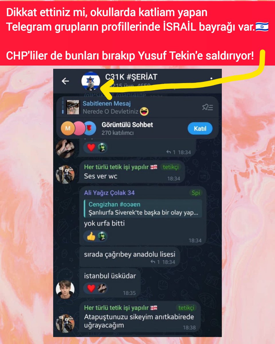 Dikkat ettiniz mi, okullarda katliam yapan Telegram grupların profillerinde İSRAİL bayrağı var.🇮🇱

CHP'liler de bunları bırakıp Yusuf Tekin'e saldırıyor!