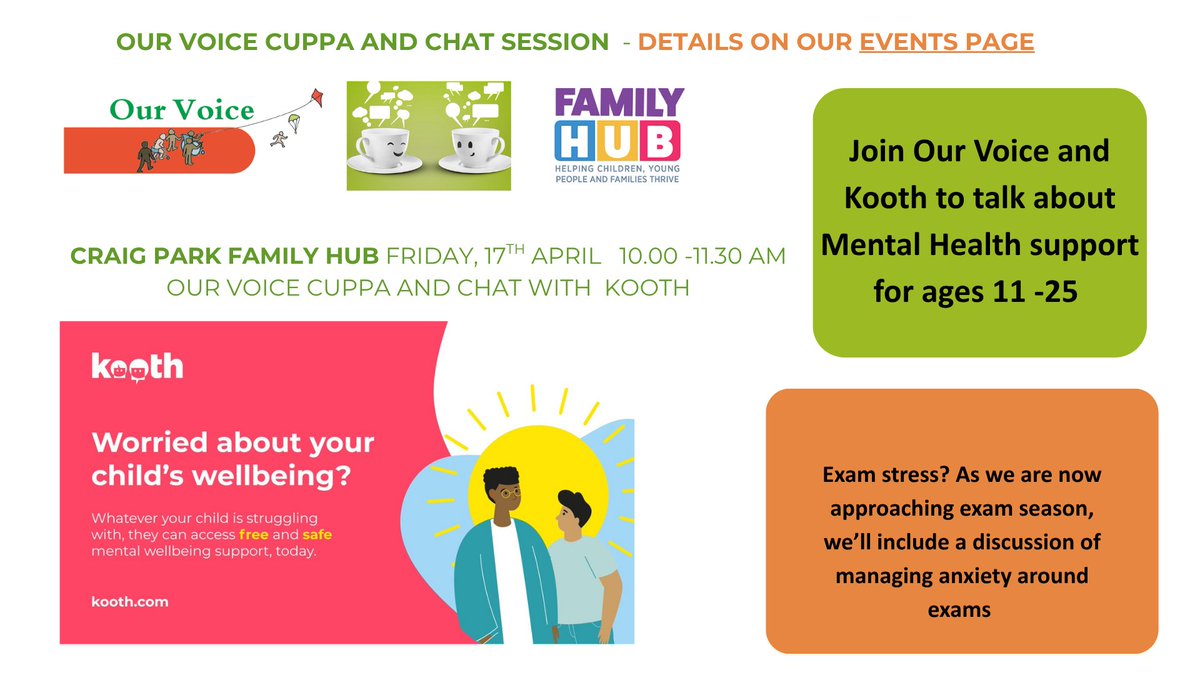 EnfieldOurVoice's tweet photo. Want to talk about support for your young person's Mental Health? Don't forget our cuppa and chat with Kooth this Friday 17th April, 10 am to 11.30 am at the Craig Park Family Hub. Details on our events page https://t.co/UiKafTVCoJ https://t.co/XeYURl4ziR