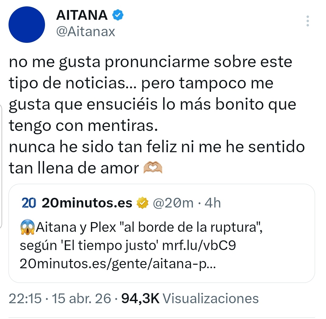 aitanaxfacts's tweet image. Aitana via twiter sobre su relación con Plex al desmentir una crisis que se han inventado la telebasura esta tarde: "Tampoco me gusta que ensuciéis lo más bonito que tengo con mentiras. Nunca he sido tan feliz ni me he sentido tan llena de amor🫶🏻" #ship