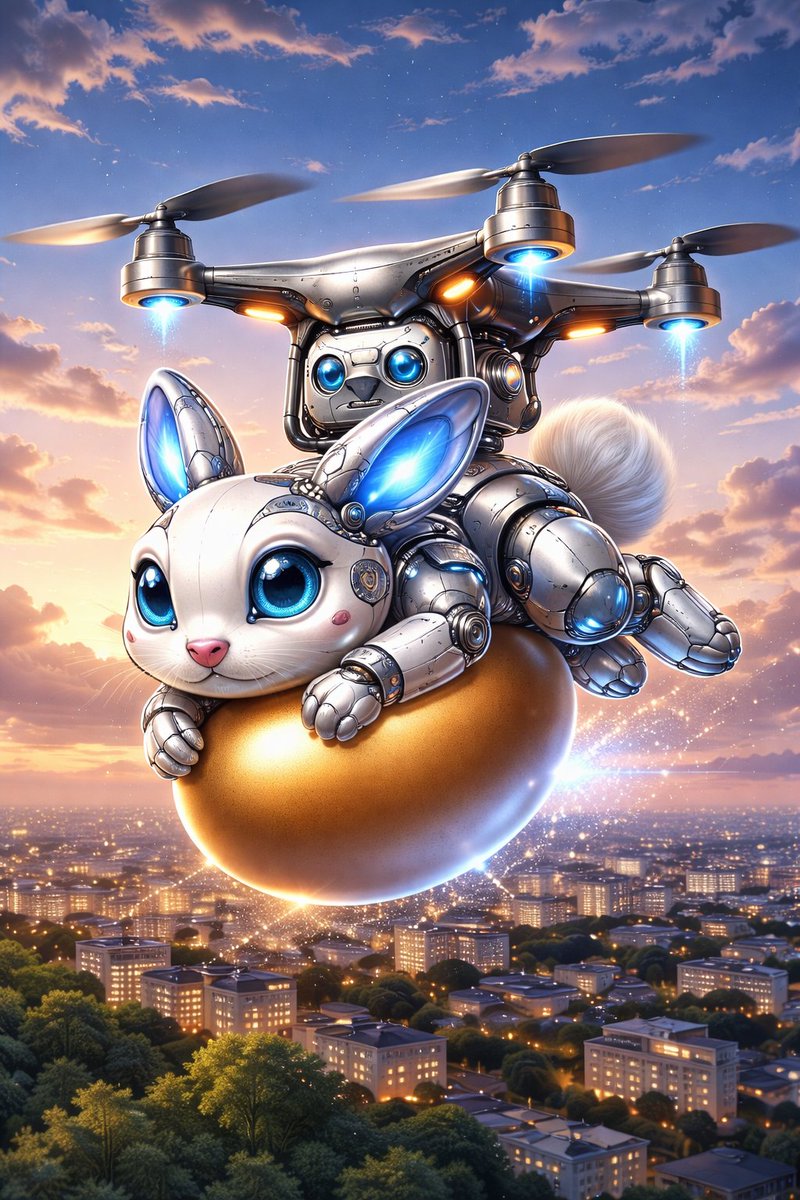 DominikGinosyan's tweet image. @konnex_world  Future just got cuter 🐰⚡️

A robo-bunny flying over the city, delivering golden vibes and next-gen Easter energy ✨🥚

Tech meets magic — and it looks adorable 😄

#AI #Future #Easter #DigitalArt