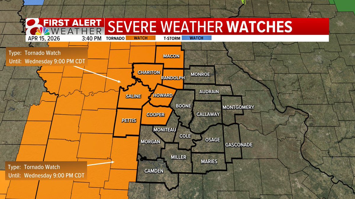 KOMUMatt's tweet image. A Tornado Watch for areas along and west of Highway 63 until 9PM Wednesday. While the tornado watch is in effect and a few tornadoes are possible, the main threats remain to be large hail and damaging winds. 

@kesley_wx &amp;amp; @ethanbeanwx will keep you updated #MidMowx #Mowx #MidMo