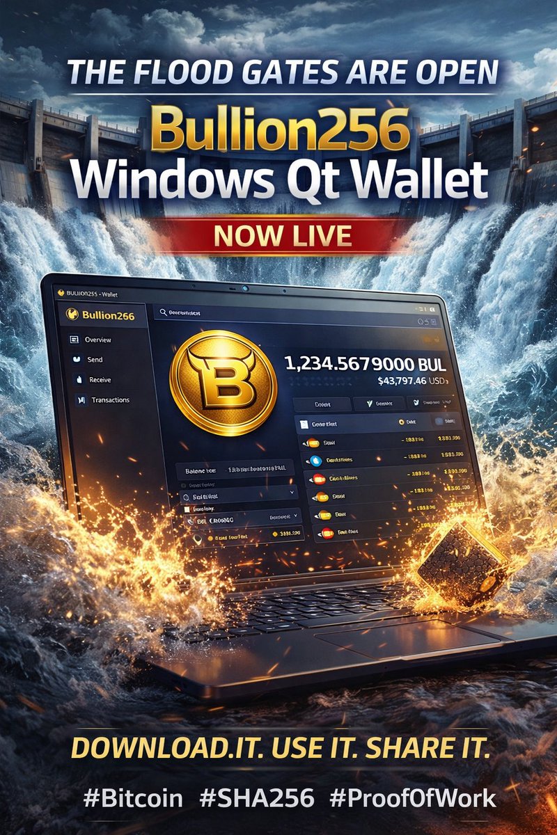 bullion256's tweet image. 🌊🌉 THE FLOOD GATES ARE OPEN 🌉🌊

The official Bullion256 Windows Qt Wallet is LIVE.

More access.
More holders.
More momentum.

SHA-256 miners, Bitcoin believers, and early supporters — now’s the time.

$BUL
#Bitcoin #SHA256 #Crypto