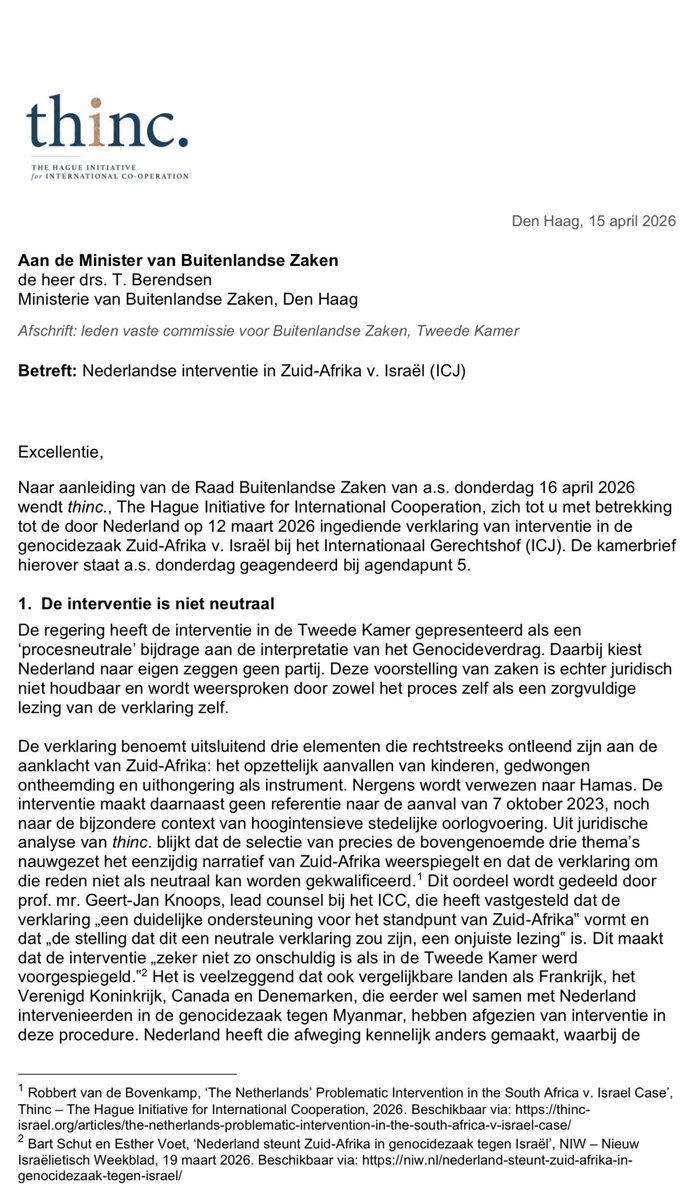 RonnyNaftaniel's tweet photo. The Hague Initiative for International Cooperation (#Thinc) kritiseert in een brief aan @MinBZ Berendsen de Nederlandse interventie bij het ICJ in de genocidezaak tegen Israël. De aangedragen punten “weerspiegelen nauwgezet het eenzijdig narratief van Zuid-Afrika” aldus Thinc. https://t.co/NhRCHjFA8p