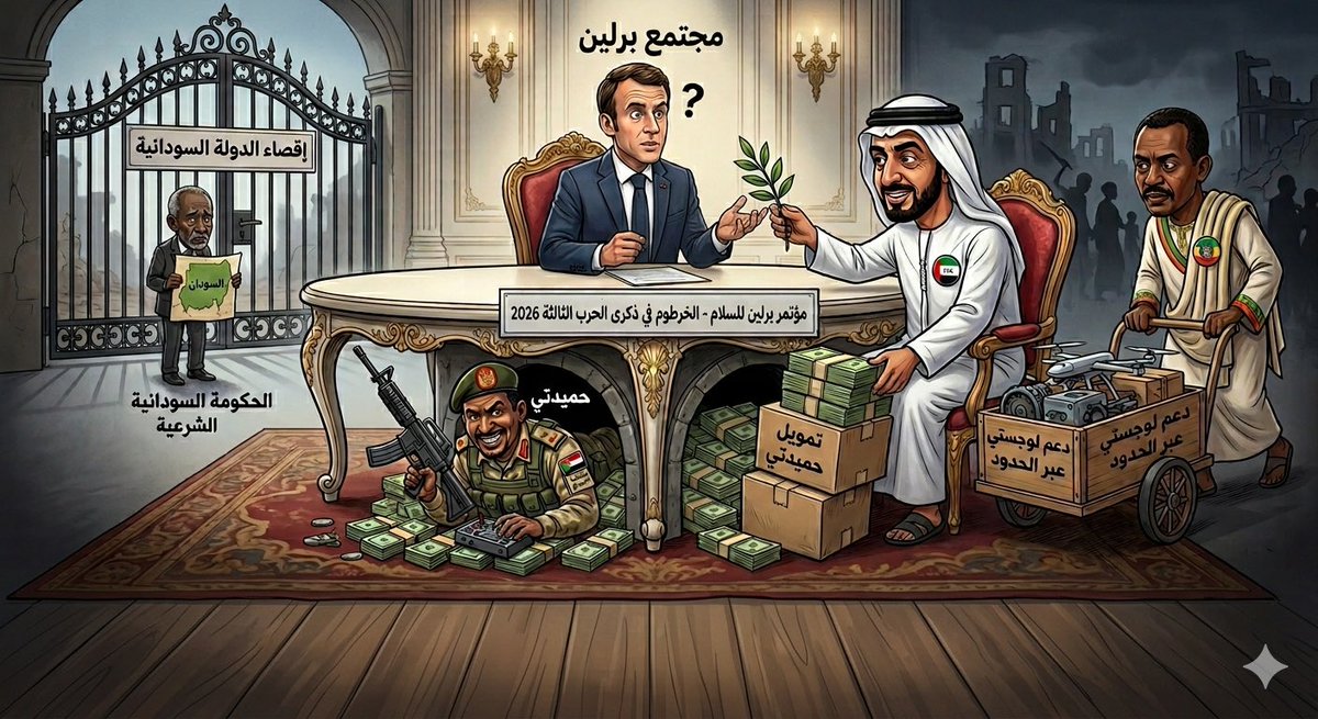 SamiIsmae's tweet photo. السودان في ذكرى الحرب الثالثة: "تعهدت برلين.. وأنفقت الإمارات.. وتآمرت أديس": مثلث خنق السيادة

اليوم، 15 أبريل 2026، يطوي السودان العام الثالث من حربه المفروضة عليه، وسط مشهد دولي يغلب عليه "النفاق السياسي" في أبهى صوره. فبينما يجتمع المانحون في برلين بقيادة (ألمانيا وفرنسا والاتحاد الأوروبي) لتقديم تعهدات بمليارات الدولارات، يغيب صوت الدولة السودانية الشرعية، ويُفسح المجال لأطراف إقليمية تمارس "الإطفاء" باليد اليمنى بينما تضخ "البارود" باليد اليسرى.

1. مؤتمر برلين: "مساعدات" بآلية إقصائية
انطلق مؤتمر برلين اليوم في غياب لافت للحكومة السودانية، وهو ما يراه المراقبون تجاهلاً متعمداً للسيادة ومساواةً غير أخلاقية بين الدولة والمليشيا. المؤتمر يركز على الكارثة الإنسانية، لكنه يتعمد الهروب من مواجهة "المحرك الإقليمي" للسلاح والمقاتلين الأجانب، مما يجعله مجرد "دبلوماسية شكلية" تمنح صك غفران للمتوطين في إشعال الحريق.

2. الإمارات: الممول الاستراتيجي لـ "دولة المليشيا"
لا يمكن قراءة أحداث اليوم بمعزل عن الدور التخريبي المستمر لأبوظبي، والذي وثقته تقارير الخبراء الأمميين:

•الجسر الجوي العسكري: استمرار تدفق الأسلحة النوعية والمسيرات عبر مطارات "أم جرس" و"أبشي" التشادية بتمويل إماراتي كامل، مما حول المليشيا إلى قوة مدعومة بتكنولوجيا لا تملكها دول مستقرة.

•اقتصاد الذهب: تظل دبي الرئة المالية التي يتنفس منها آل دقلو، حيث يتم تسييل الذهب المنهوب لاستخدامه في جلب المرتزقة وتلميع صورة المليشيا دولياً.

3. إثيوبيا: القاعدة الخلفية والطموحات الجيوسياسية
تكامل الدور الإثيوبي مع التمويل الإماراتي ليتحول من "جار" إلى "فاعل تخريبي" مباشر:
•الدعم اللوجستي: تشير التقارير الميدانية إلى أن الأراضي الإثيوبية تعمل كقاعدة إمداد للمليشيا في جبهات سنار والقضارف، مع غض الطرف عن تسلل مقاتلين من قوميات (الأورومو والتقراي) للقتال في صفوف المتمردين.

•الابتزاز الاستراتيجي: ترى أديس أبابا في دعم "حميدتي" فرصة لإضعاف الموقف السوداني في ملف سد النهضة، واستغلال الفوضى لاستعادة نفوذها في منطقة الفشقة السودانية.

4. حميدتي: الأداة الوظيفية لمشاريع التفكيك
لا يمثل "حميدتي" في هذه المعادلة قائداً عسكرياً، بل هو "أداة وظيفية" تم تصميمها لتفكيك مؤسسات الدولة الوطنية واستبدالها بقوة موازية تحمي المصالح الخارجية. إن افتقار مشروعه للحاضنة الشعبية جعله معتمداً بنسبة كُلية على الإمداد (الإماراتي عبر تشاد، والإثيوبي عبر الحدود الشرقية).

وفي النهائية  : لا سلام عبر "مُشعلي الحرائق"
إن ما حدث اليوم في برلين هو إعادة إنتاج للفشل؛ فلا التعهدات المالية ستطفئ نار الحرب، ولا الجلسات الدبلوماسية ستصنع أمناً، طالما لم يتم تصنيف "محور التخريب" الإقليمي بشكل صريح.
السودان اليوم لا يحتاج لصدقات دولية بقدر ما يحتاج لـ "كف يد الإمارات وإثيوبيا" عن أراضيه. السلام يبدأ بتجفيف منابع الدعم الخارجي واحترام سيادة الدولة، أما القفز فوق هذه الحقائق في برلين فهو ليس إلا "تواطؤاً" يطيل أمد معاناة الشعب السوداني.

#السودان_لن_ينكسر
#نفاق_مؤتمر_برلين