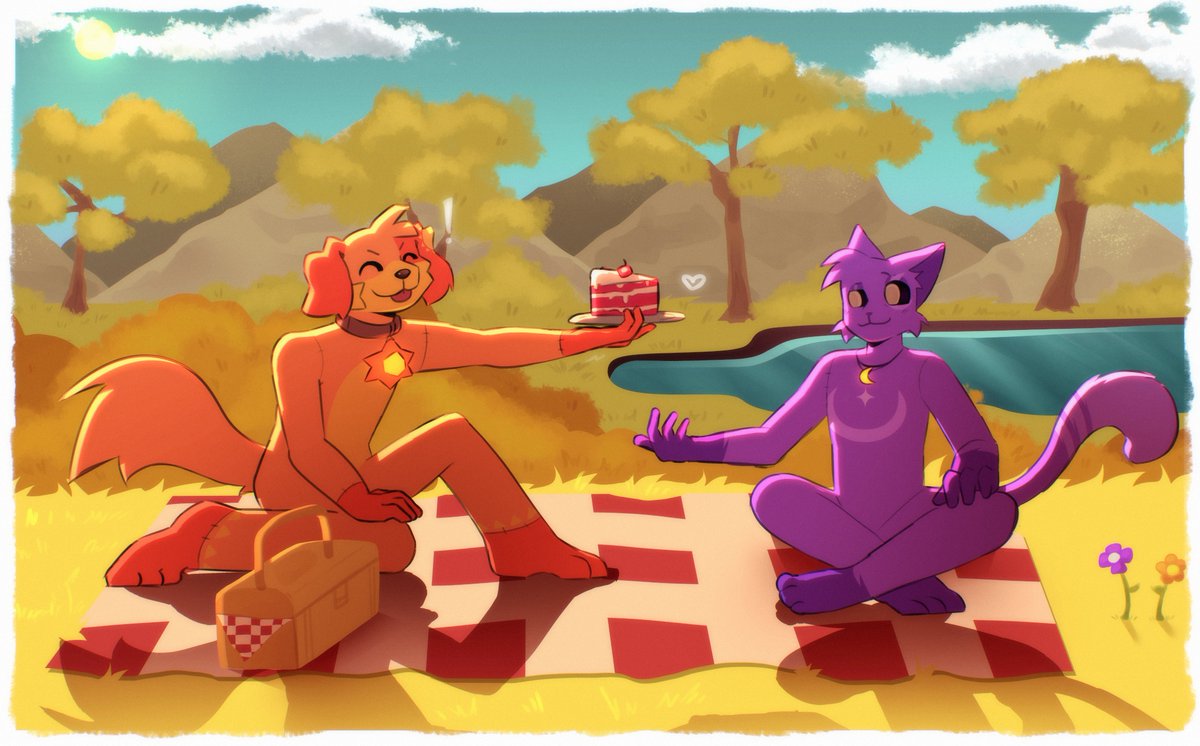 Lowiwiss's tweet image. Un dibujito que hice para un evento de arte, los diseños de los dos pertecen a @/moimui_3 !!! vayan a seguirloo 😼

#catnap #dogday #SmilingCritters