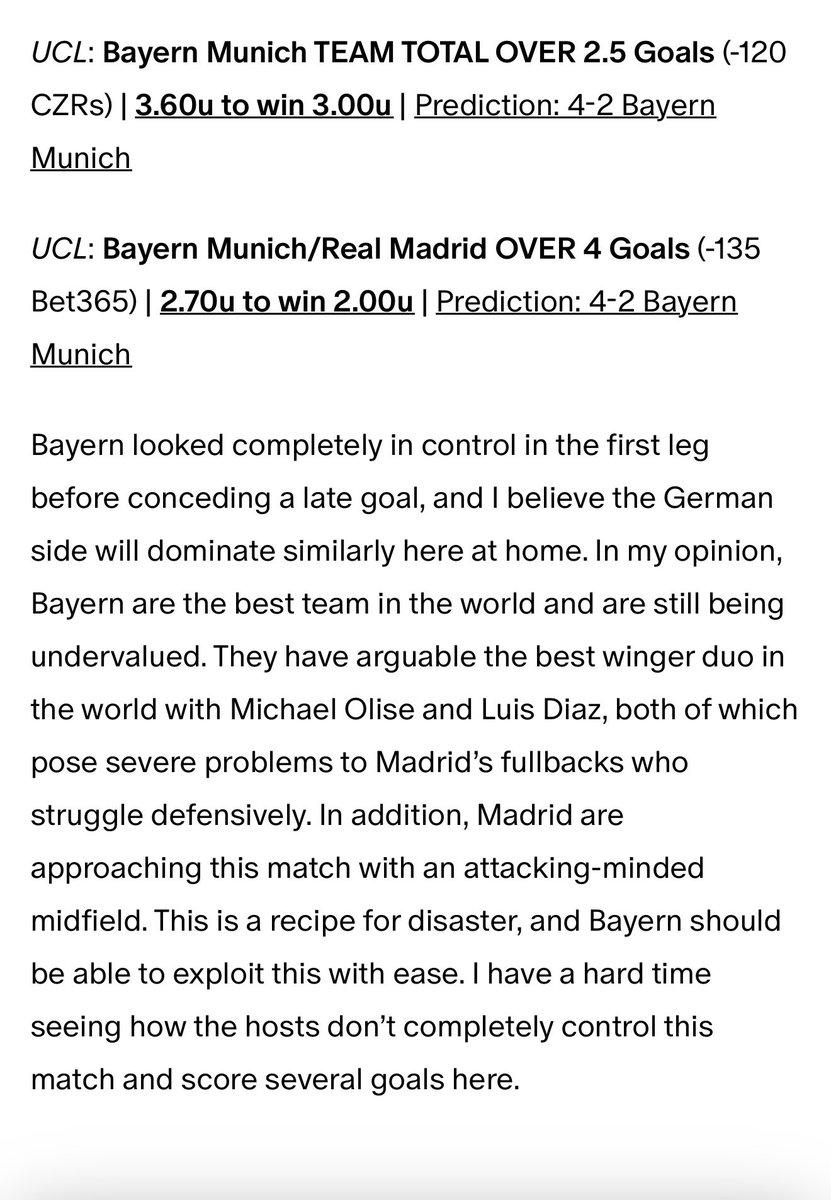 HU_Capper's tweet photo. 4/15 Premium:

2-0, +5.00u ✅

Great UCL week. Bayern continue to roll. https://t.co/dWeBiwYBpf