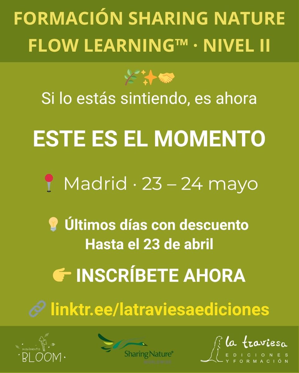 TraviesaEdicion's tweet image. “Va muy ligado al modelo de enseñanza que quiero llevar a las aulas…” 🌿
Así describe M. Mar su experiencia en Flow Learning.

📍 Madrid · 23–24 mayo
 👉 Inscripciones abiertas

💡 Últimos días de descuento
🔗 linktr.ee/latraviesaedic…

#FlowLearning #EducacionEnLaNaturaleza