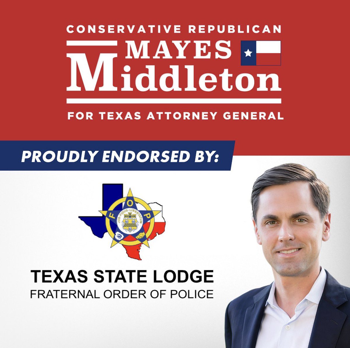 mayes_middleton's tweet photo. With Chip Roy, Texas has learned that his talk is cheap.  But when it mattered, Chip Roy refused to support law enforcement.  Humbled to earn this endorsement from the Texas Fraternal Order of Police, representing over 18,000 members.  They know I will have their back.  

“In the race for Texas Attorney General, Mayes Middleton is the only candidate who can be trusted to back law enforcement.  Instead of standing with us, Chip Roy worked to gut the Protect and Serve Act, a priority bill to hold criminals accountable who knowingly assault a law enforcement officer.  This bill was crafted to address abuses by ‘woke’ rogue prosecutors who fail to enforce the law, yet Chip Roy blocked this legislation.  On behalf of the more than 18,000 members of the Texas Fraternal Order of Police, we strongly endorse Mayes Middleton, a proven champion and defender of those who put their lives on the line every day.”
Clint McNear
President 
Texas Fraternal Order of Police