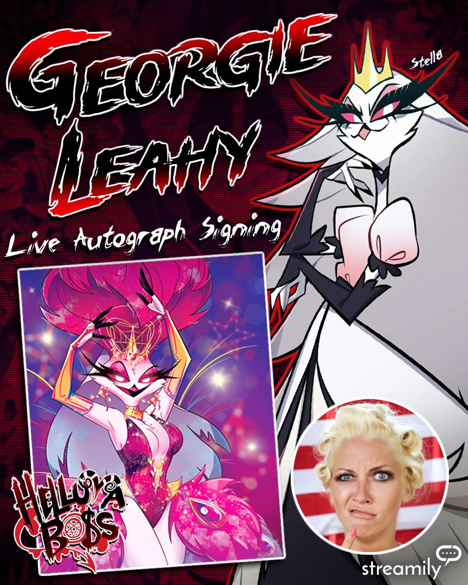 🎶 It is happening this FRIDAY!

Georgie Leahy, the voice behind **Stella** from Helluva Boss — the fierce, dramatic, and iconic royal of Hell 👑🔥 — is going LIVE for an exclusive signing!

Catch her LIVE on Streamily
📅 April 17
⏰ 12:00 PM PDT
📍 Instagram @Georgieleahy

Watch