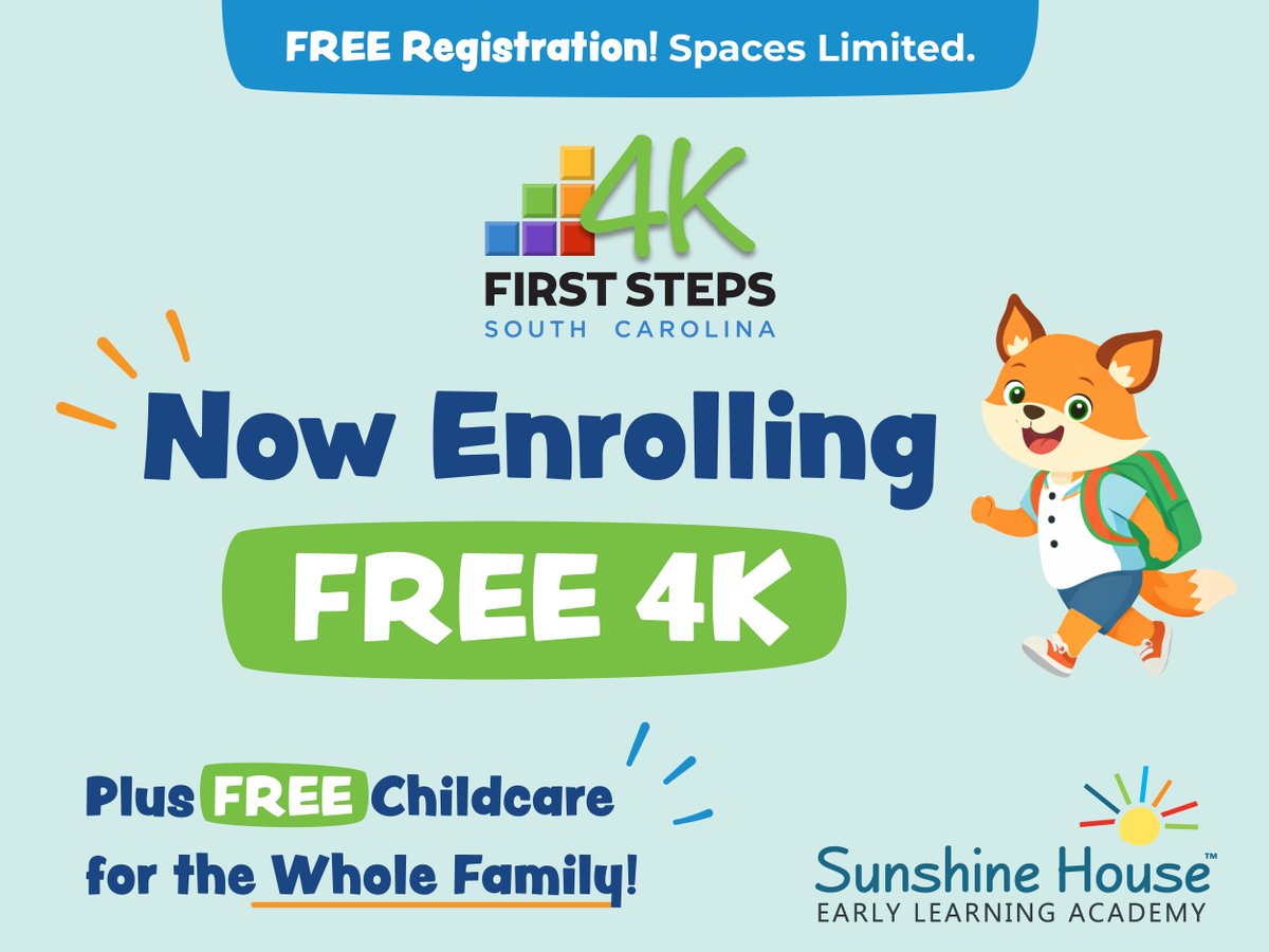 South Carolina Families! 🌞 Get ready for a head start in kindergarten with our FREE First Steps 4K program!

✅ Year-round learning, M-F | 8 hours per day
⏰ FREE wrap care before &amp; after school
👧 FREE childcare for siblings (0–12 years old)

Learn more: sunshinehouse.com/first-steps