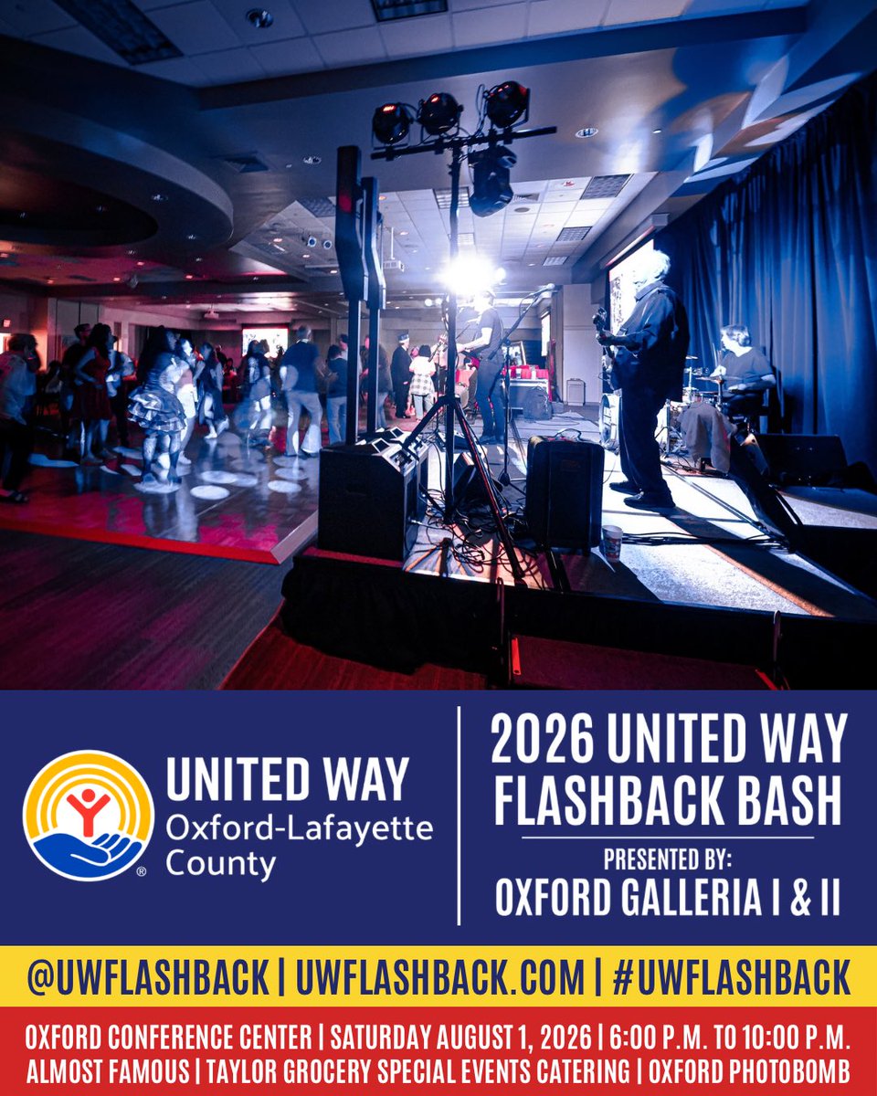 KurtUWOxfordMS's tweet image. 2026 United Way Flashback Bash, Presented by Oxford Galleria I &amp;amp; II 
6:00 p.m. to 10:00 p.m. 
Sat,, Aug. 1, 2026 
uwflashback.com

Flash back for our community’s future! Come as you are, as you were, or however you want to be! 

#WaybackWednesday #UWFlashback #UWOxfordMS