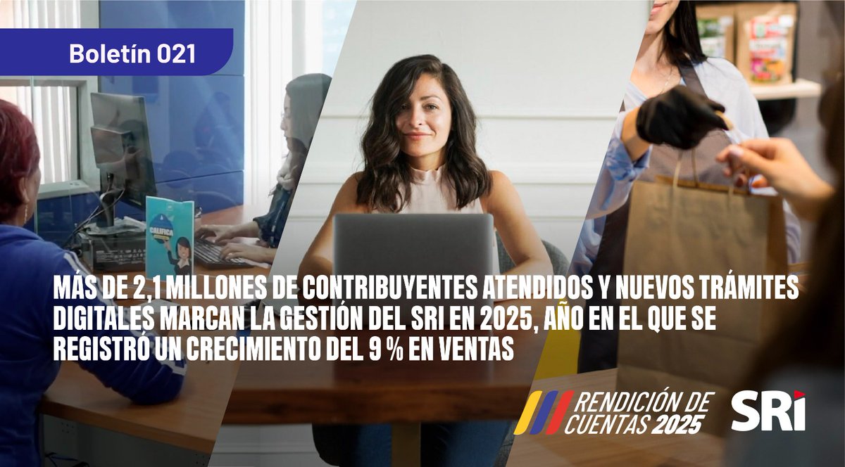 SRIoficialEc's tweet photo. #BoletínSRI

Más de 2,1 millones de contribuyentes atendidos y nuevos trámites digitales marcan la gestión del SRI en 2025, año en el que se registró un crecimiento del 9% en ventas.

Revisa más: https://t.co/ianh7xx8Cr https://t.co/qoxEn0kyYu