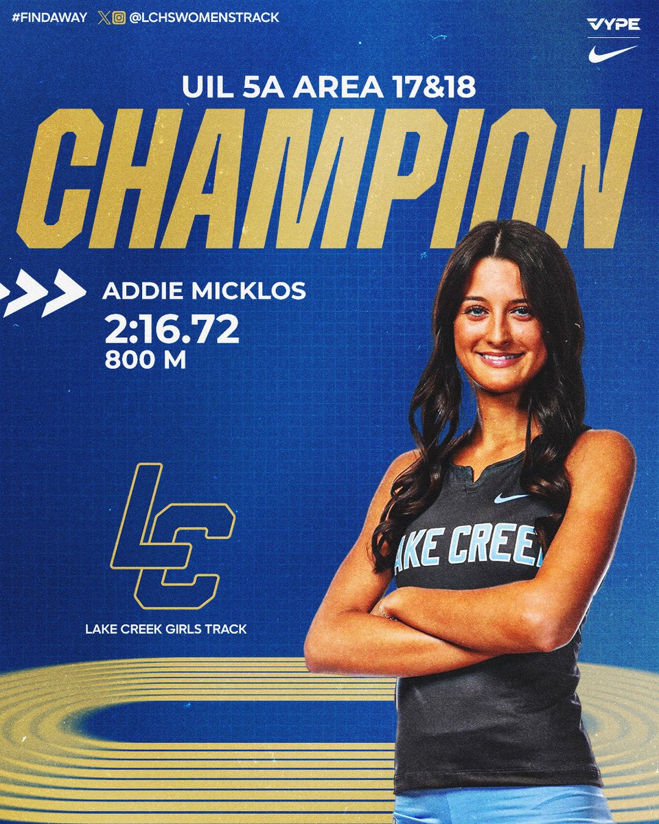 Congrats to Senior Addie Micklos on taking the GOLD !  Your 800M UIL Area CHAMPION!  She’s moving on to Regionals in 2 weeks!  
<a href="/CoachBryanHood/">Bryan Hood</a> <a href="/coachlaplante/">Brad LaPlante 🐻 🦁</a> <a href="/LakeCreekHS/">Lake Creek High School</a> <a href="/MontgomeryISD/">Montgomery ISD</a> 
#FindAWay