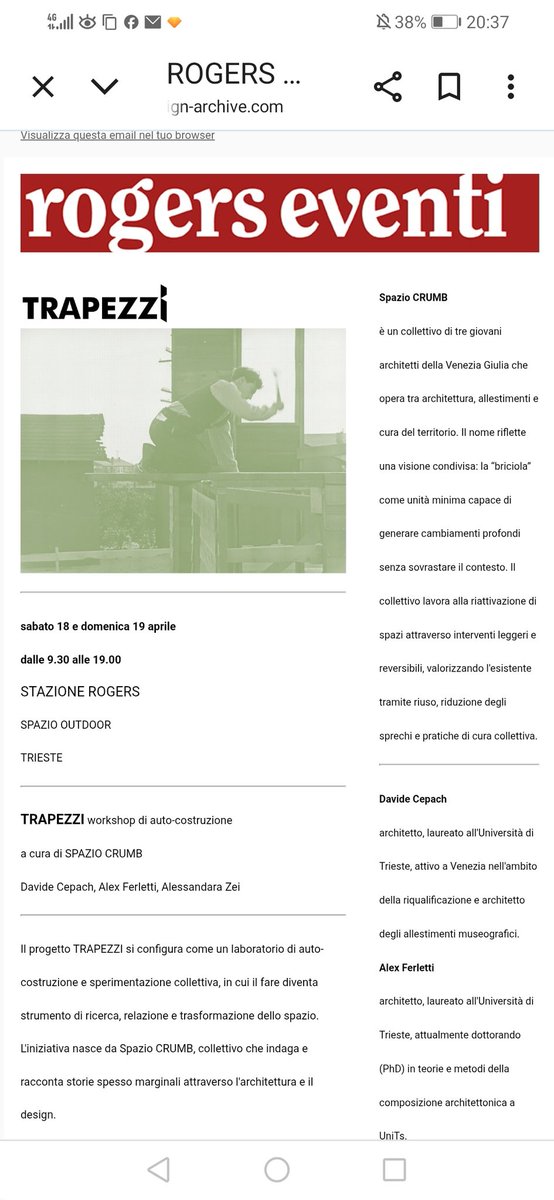 STAZIONEROGERS's tweet photo. sabato 18 e domenica 19 aprile
dalle 9.30 alle 19.00
STAZIONE ROGERS 
SPAZIO OUTDOOR
TRIESTE

TRAPEZZI workshop di auto-costruzione
a cura di SPAZIO CRUMB
Davide Cepach, Alex Ferletti, Alessandara Zei

PROGRAMMA:
https://t.co/03YJLamRCU https://t.co/VIlaB1wioy