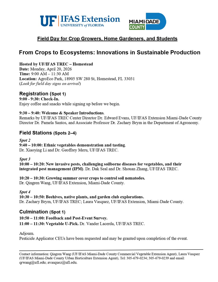 UFHortVegCrops's tweet photo. Join us for a Field Day “From Crops to Ecosystems: Innovations in Sustainable Production”📅 April 20 | ⏰  9:30–11:30 AM🌱Explore ethnic crops, pest &amp; disease updates, pollinators, and a free U-Pick at AgroEco Park!
Register here https://t.co/Um81A3K9Ap   #FieldDay @UFTropical https://t.co/8yoHf6cBS6