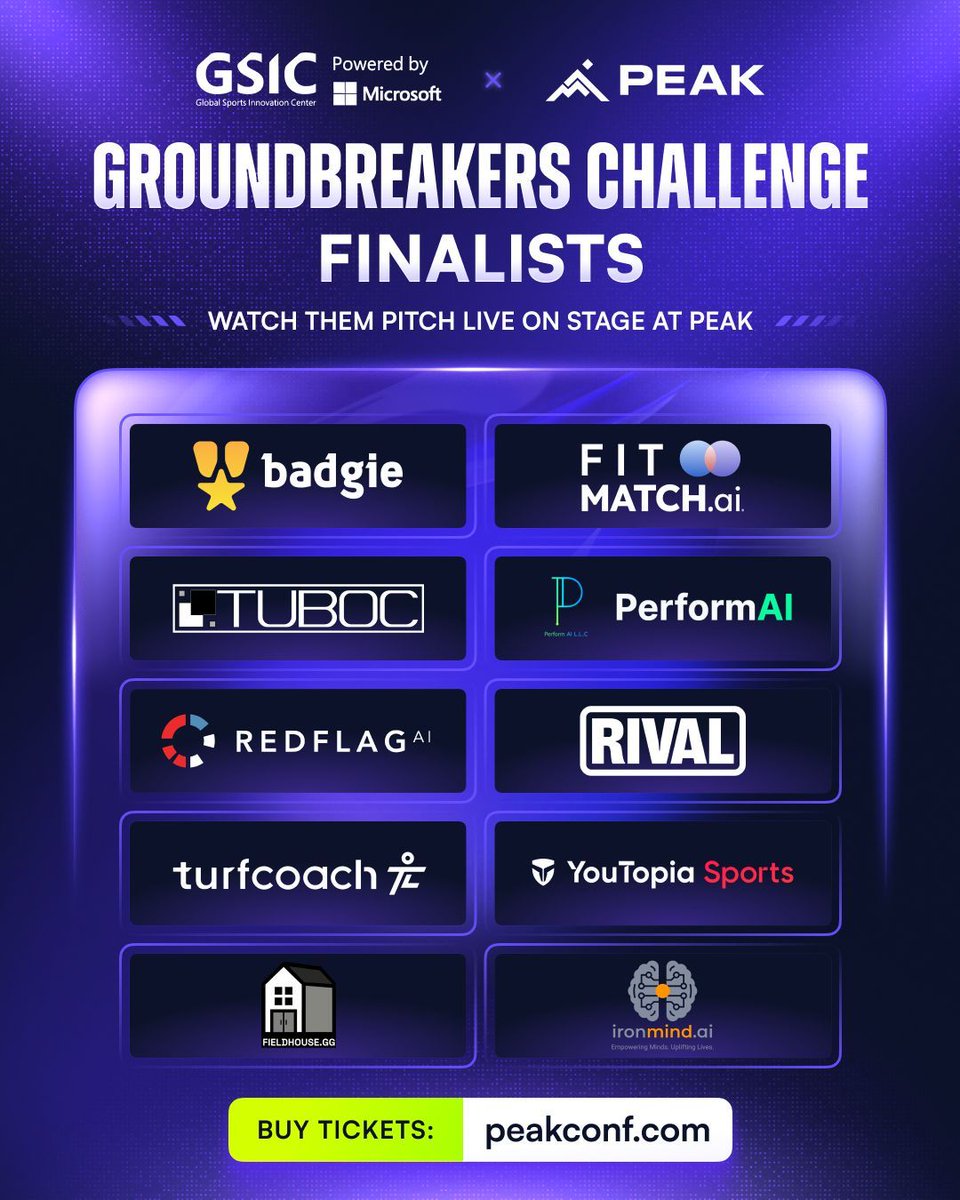 peakconf's tweet photo. 📣 Announced: The finalists have been confirmed for the Groundbreakers Challenge @ PEAK, in collaboration with GSIC powered by Microsoft.

They will present at on stage in Las Vegas in front of top sport organizations, &amp; battle it out for the opportunity to pilot their solutions. https://t.co/zlHdRlXoQP