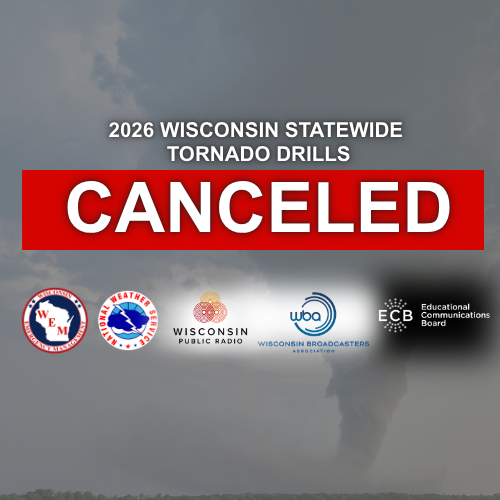 ReadyWisconsin's tweet photo. WISCONSIN STATEWIDE TORNADO DRILLS CANCELED!

The annual statewide tornado drills on Thursday, April 16, 2026, are canceled in light of recent severe weather events that have impacted communities across Wisconsin. 

Learn more: https://t.co/vIxX3Nq6T1 https://t.co/hmOflQGKG8