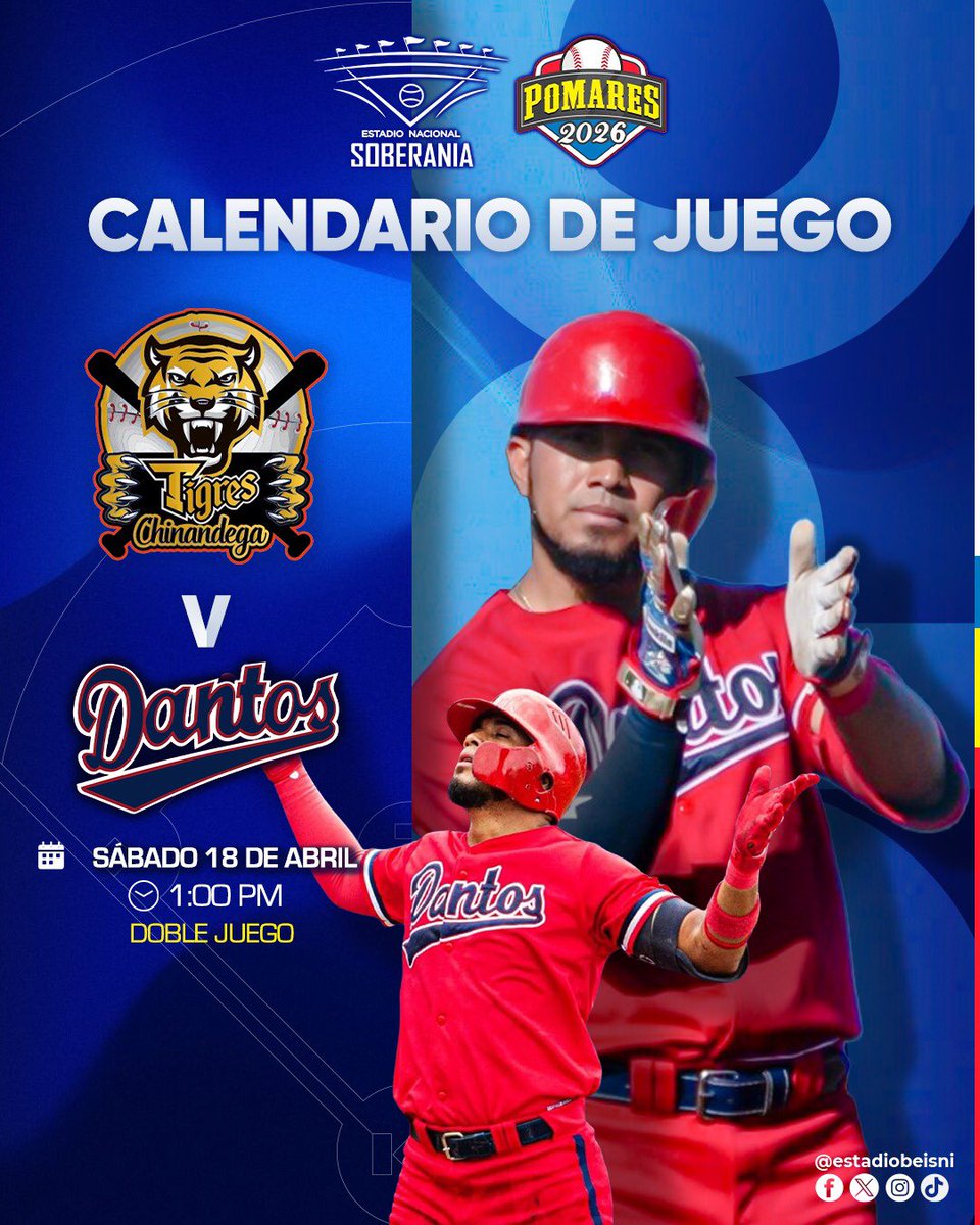 Calendario de juego⚾️
Tigres de Chinandega 🐅🆚🐾 @losdantosni 
🗓️ Sabado 18 de abril
⏰ 1:00 PM
#EstadioNacionalSoberanía🏟️
