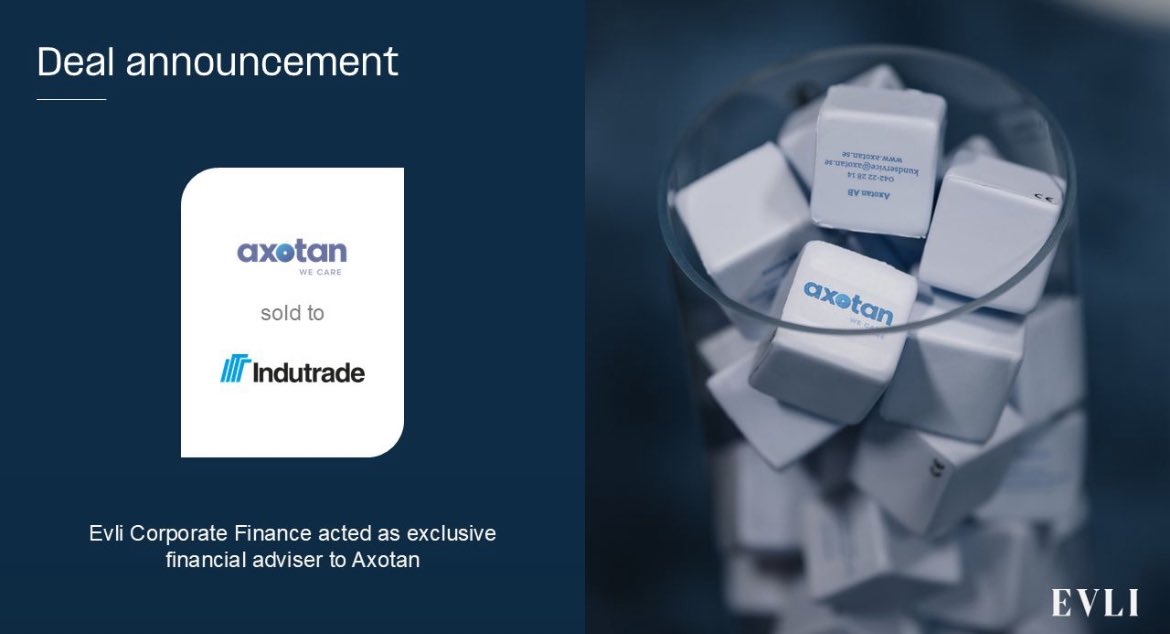 Our member firm Evli AB acted as exclusive financial adviser to the owner in the sale of Axotan AB to Indutrade AB.

To read more: lnkd.in/dVPJHV8i