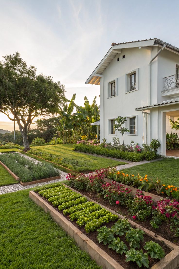 greenvibe's tweet photo. A white house with its garden full of flowers and vegetables — pure serenity. https://t.co/YxL7z71Vof
