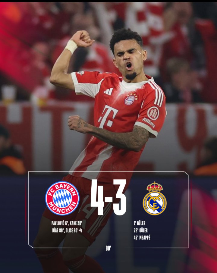 SUPERLATIVO DIGNO DE TITANES. #BayernMunich 4-3 #RealMadrid doblete de Arda Guler y uno de Mbappé ponían EMPATADA la serie; el punto de quiebre fue al FINAL 89' Lucho Díaz da la clasificación y gol de Olize en adicionales. Pero el Madrid dió PELEA HASTA EL ÚLTIMO y perdió de pie.