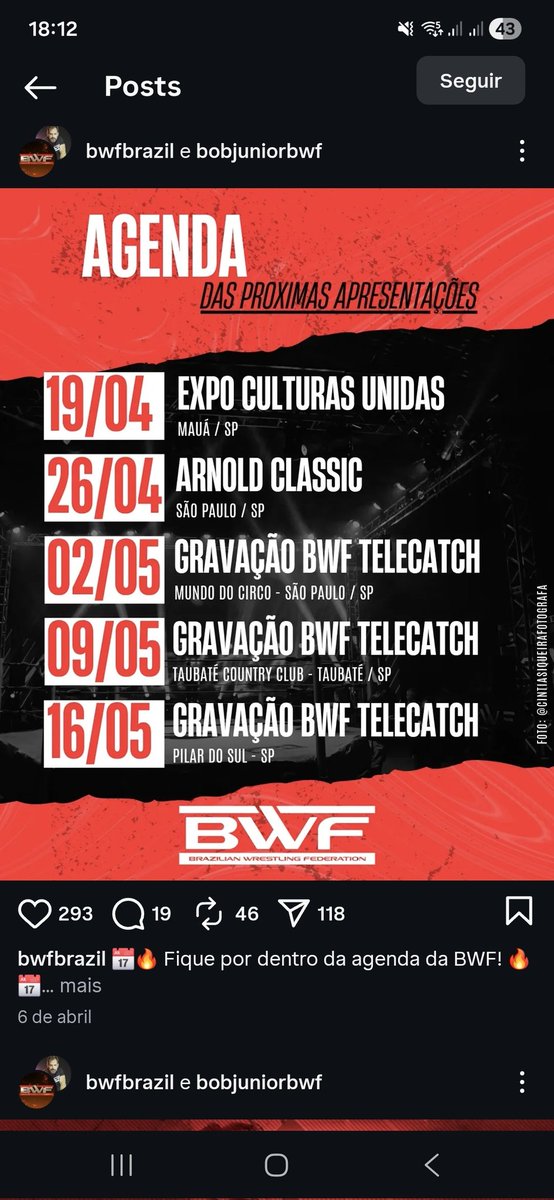 "Queria tanto ir em um show de wrestling e a WWE não vai vir pro Brasil"

9 de maio tem show da EWF em Porto Alegre

BWF está com a agenda cheia pra quem é de São Paulo

Procurem empresas nos estados de vocês. Apoiem o wrestling do nosso país