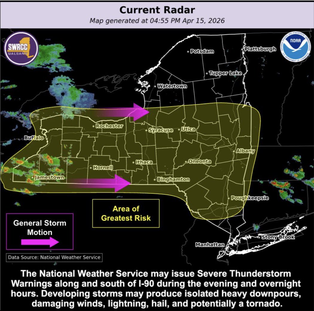 NYSDHSES's tweet photo. Widespread rain showers and isolated
thunderstorms will continue through Western &amp; Central NY into this evening. Rain will also spread eastward across most of Upstate NY, ending in northern and eastern NY overnight.

Monitor your local forecast and be prepared for severe weather. https://t.co/EqPMLNqx6Y