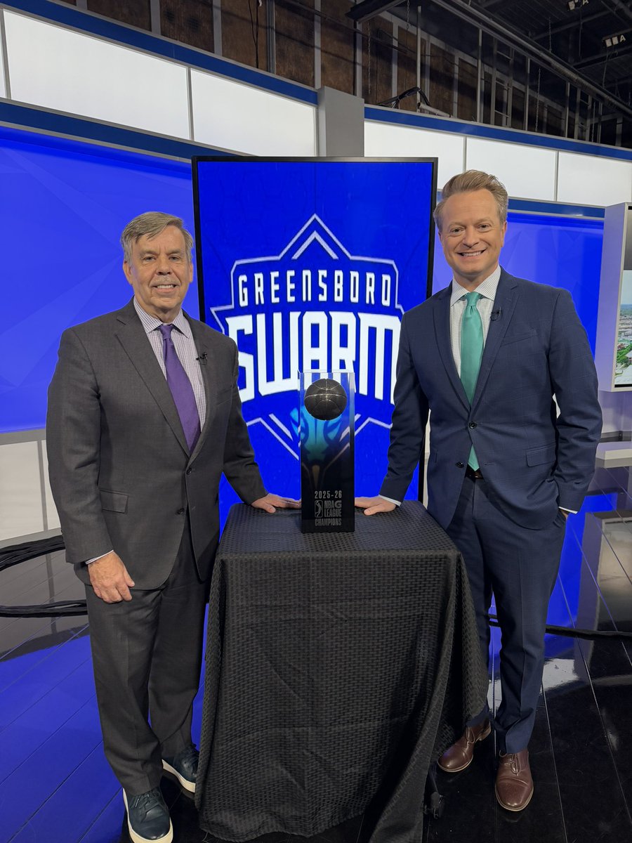 ChadSilber's tweet photo. The @nbagleague trophy is in the studio!!
A big CONGRATULATIONS to team President @SteveSwetoha and the @greensboroswarm for their first title in franchise history! 
@WFMY https://t.co/mw48M4Gdsm