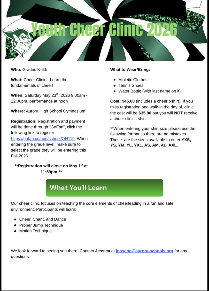 GreenmenCheer's tweet photo. Register now through Friday, May 1st by midnight. Link below to register. This is for those going into grades K -6 for the 2026-2027 school year. All details on flyer. We hope to see you there. Please share. @AYFAohio 

https://t.co/WYZ2MLtmVy https://t.co/k0E9eR5y6d