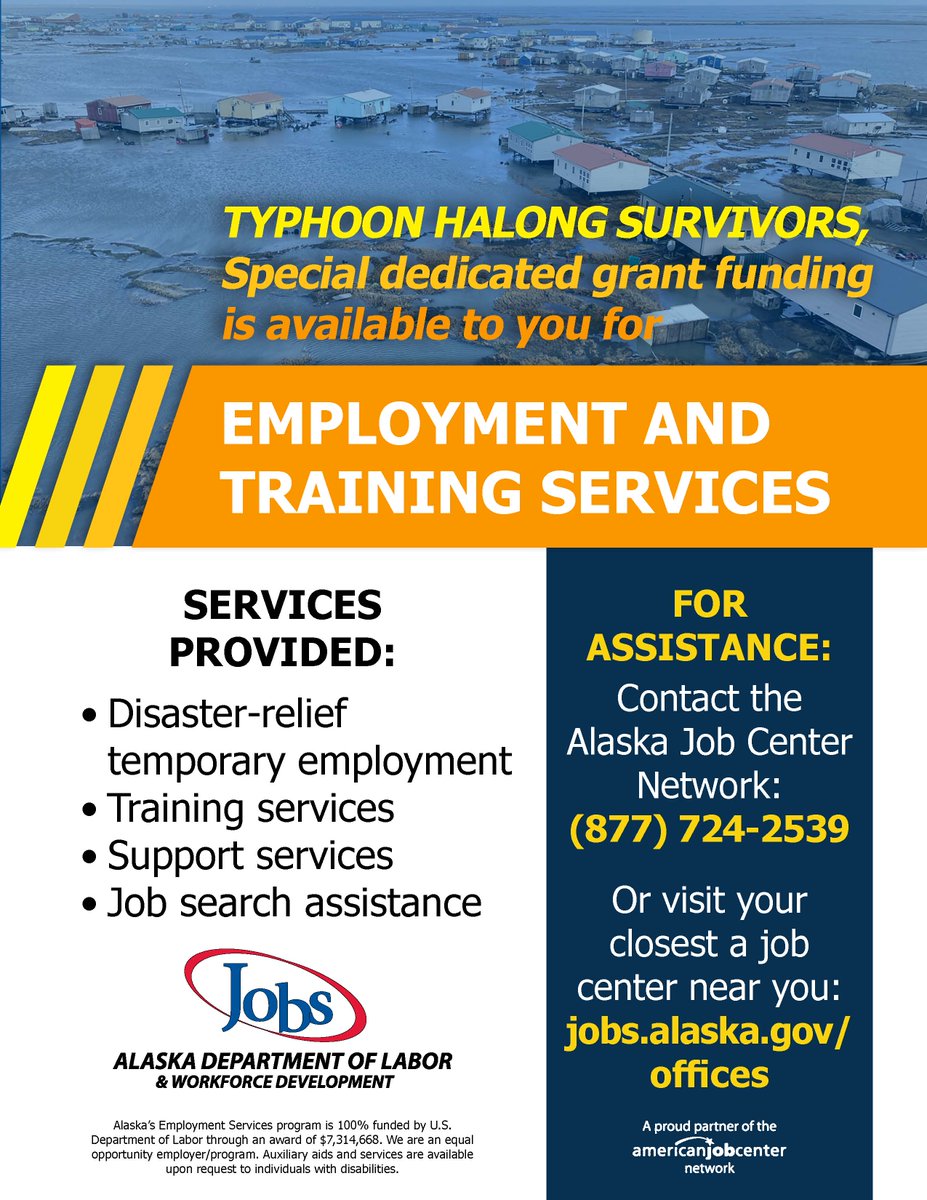 AlaskaLabor's tweet photo. 𝗜𝗺𝗽𝗮𝗰𝘁𝗲𝗱 𝗯𝘆 𝗧𝘆𝗽𝗵𝗼𝗼𝗻 𝗛𝗮𝗹𝗼𝗻𝗴? 
You may qualify for 𝘀𝗽𝗲𝗰𝗶𝗮𝗹 𝗱𝗶𝘀𝗮𝘀𝘁𝗲𝗿 𝗿𝗲𝗹𝗶𝗲𝗳 𝗲𝗺𝗽𝗹𝗼𝘆𝗺𝗲𝗻𝘁 𝗮𝗻𝗱 𝘁𝗿𝗮𝗶𝗻𝗶𝗻𝗴 𝘀𝗲𝗿𝘃𝗶𝗰𝗲𝘀. 
(𝟴𝟳𝟳) 𝟳𝟮𝟰-𝟮𝟱𝟯𝟵 or https://t.co/AtQR1z8QpR https://t.co/LBkv8kc8He