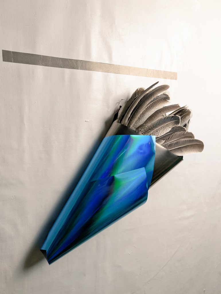 vgalleryspace's tweet photo. Thinking of making more sculpture.  Name unknown.  Faraday strip, Eagle feathers from India, thin titanium sheet folded, metallic vinyl foil, held together by transparent scotch tape on canvas with multiple coatings of gesso, acrylic paint, and a final exterior waterproof coating used for homes (canvas background from eBay vGallerSpace photos).  Circular indentation from table use.  Held together by a red binder clip. Thanks!