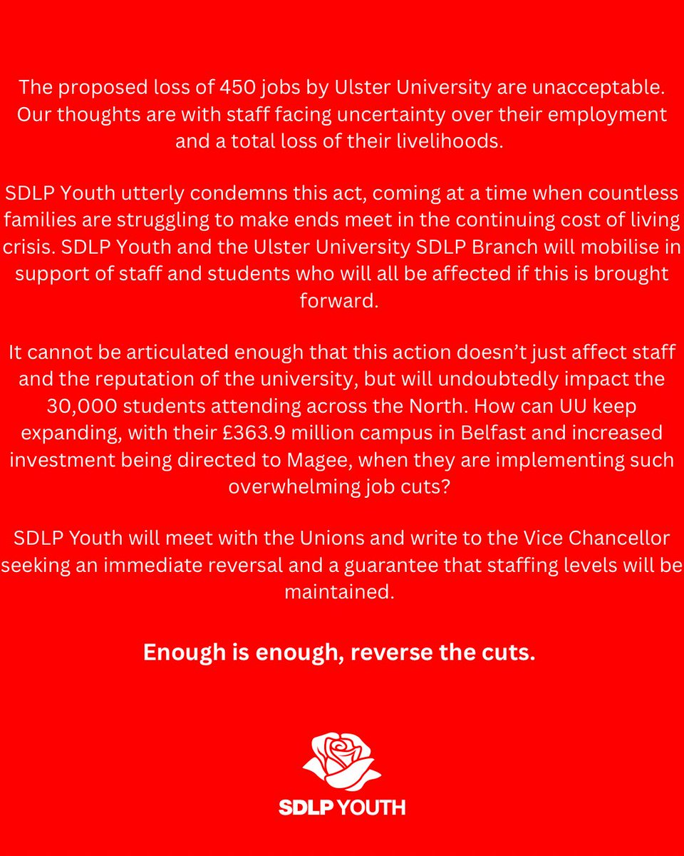 SDLPyouth's tweet photo. SDLP Youth statement on the unprecedented announcement from Ulster University regarding their planned cuts to staffing levels. https://t.co/cv9R7HhMeE