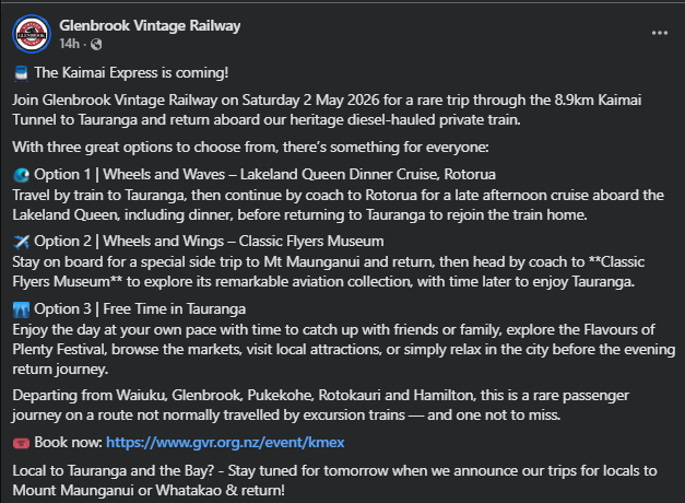 NZTransitBuzz's tweet image. #RailNews: Glenbrook Vintage Railway has confirmed the operating details for the Kaimai Express. 

The Kaimai Express will run on 2 May, departing Waiuku with 3 travel options. 

Local trips to Mount Maunganui or Whatakao are to be announced. 

MORE: gvr.org.nz/event/kmex