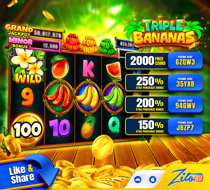 Zitobox's tweet photo. New Game Just Released! 🍌 TRIPLE BANANAS REMAKE 🍌
⭐ TRIPLE BONUS ⭐
Time again! Claim all 3 Bonus Codes    
Play Here >> https://t.co/pxqWtpqJgR << Enjoy! 
#Zitobox #onlinecasino #latestbonuscodes #slots #jackpot #freeslots #playslots #slotmachine #casinonearme https://t.co/JPOKWRObQK